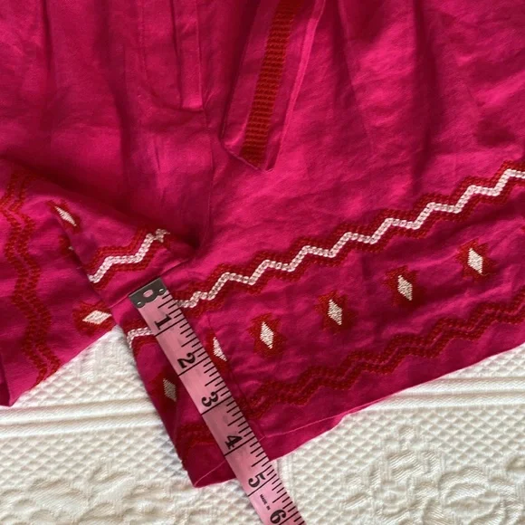 LOFT Linen Aztec High Waisted Belted Paper Bag Embroidered Shorts Pink Red White - Picture 10 of 13